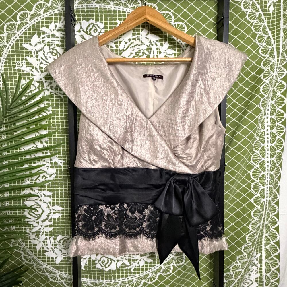 Vintage‎ Marina Evening Top Size 12 Champagne Metallic Lace Satin Bow Y2K